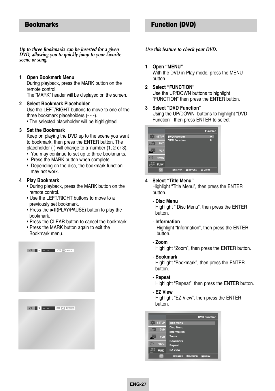 Bookmarks, Function (dvd) | Samsung DVD-V4600-XAC User Manual | Page 28 / 37