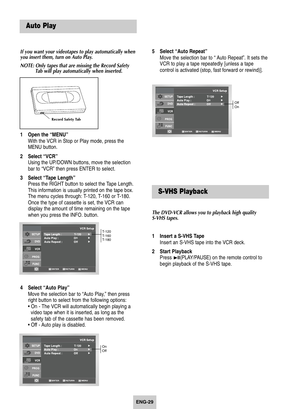Auto play, S-vhs playback n off, S-vhs playback | Samsung DVD-V4600-XAC User Manual | Page 30 / 37
