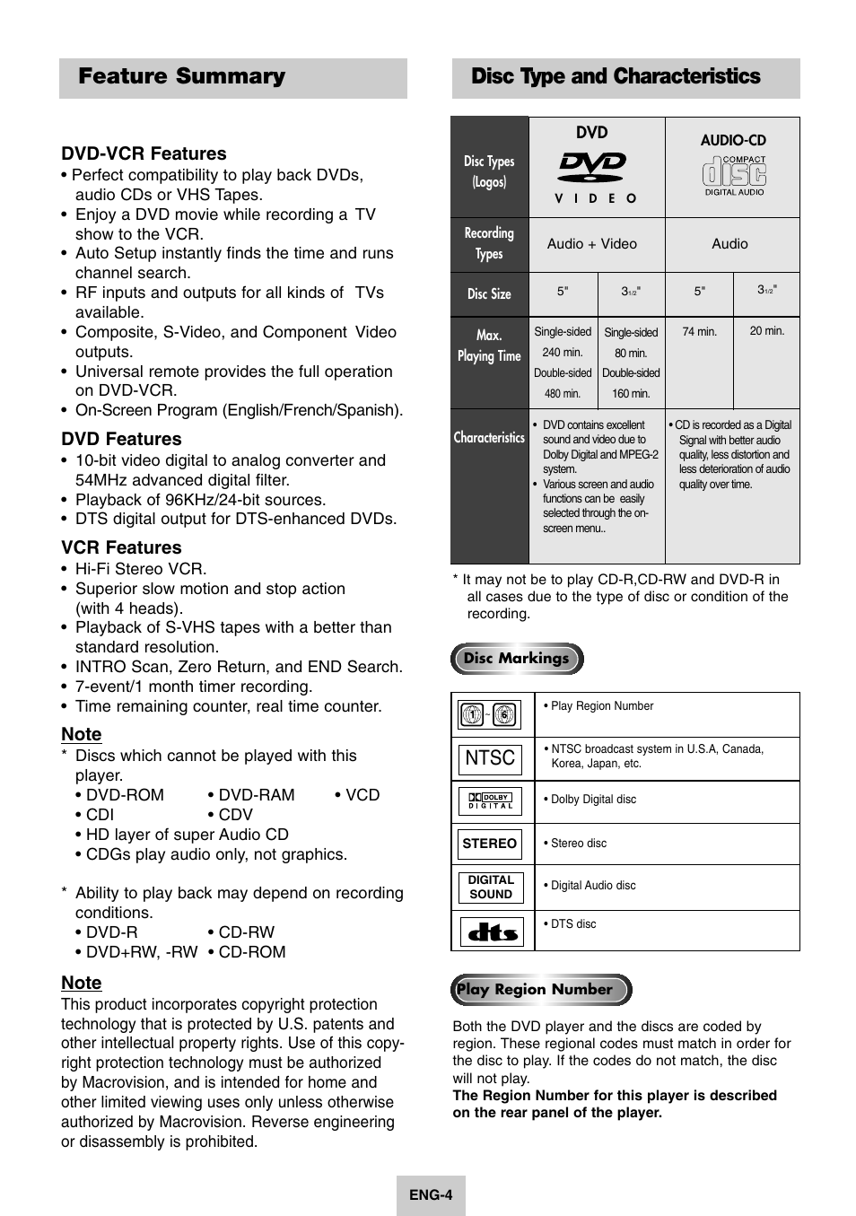 Feature summary, Disc type and characteristics, Ntsc | Dvd-vcr features, Dvd features, Vcr features | Samsung DVD-V4600-XAC User Manual | Page 5 / 37