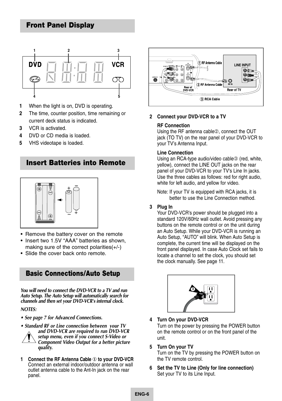 Front panel display, Insert batteries into remote, 2 - getting started | Basic connections/auto setup, Insert batteries into remote front panel display | Samsung DVD-V4600-XAC User Manual | Page 7 / 37