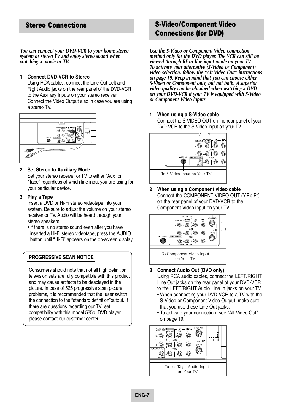 3 - advanced connections, Stereo connections, S-video/component video connections (for dvd) | Samsung DVD-V4600-XAC User Manual | Page 8 / 37