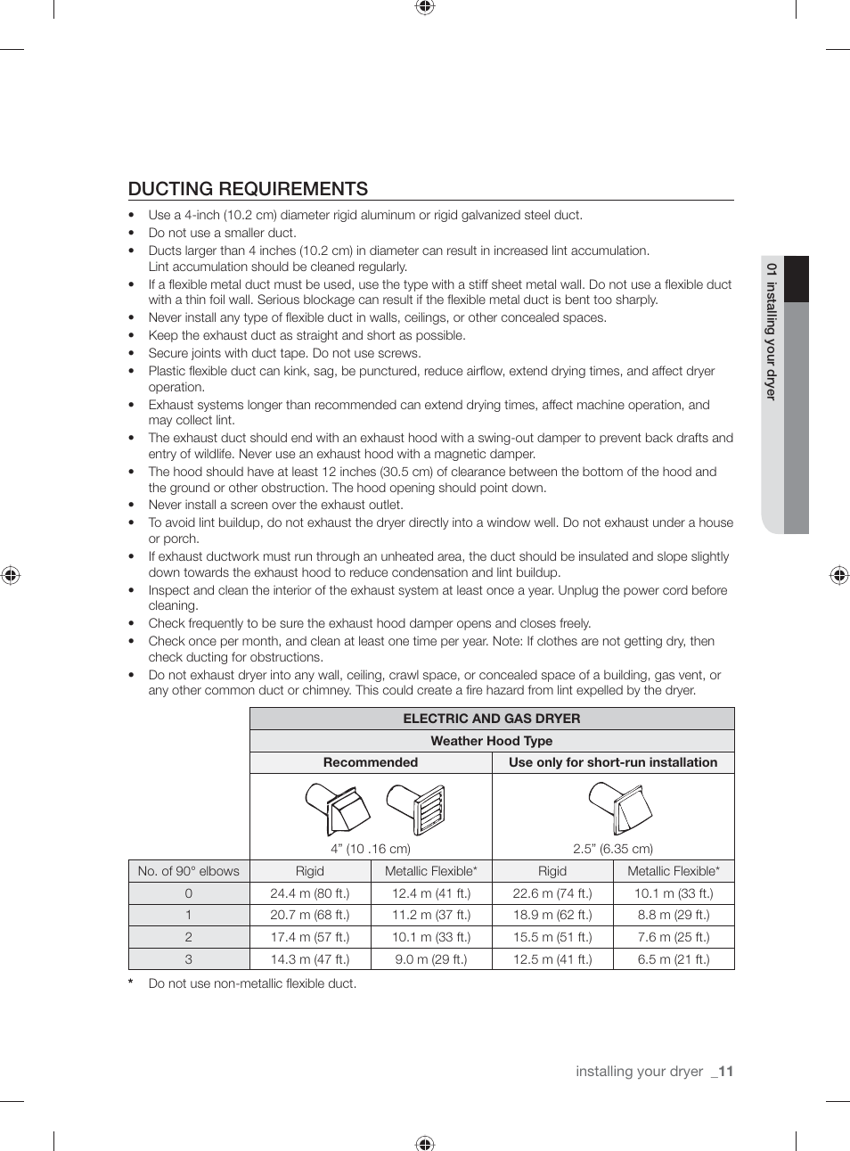 Ducting requirements | Samsung DV501AGW-XAA User Manual | Page 11 / 88