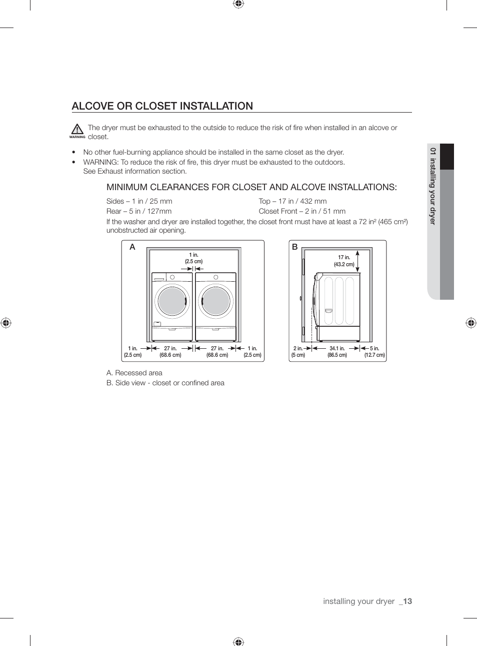 Alcove or closet installation | Samsung DV501AGW-XAA User Manual | Page 13 / 88