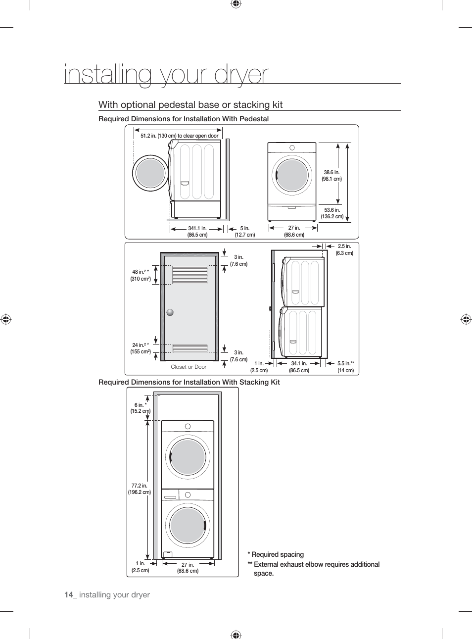 With optional pedestal base or stacking kit, Installing your dryer | Samsung DV501AGW-XAA User Manual | Page 14 / 88