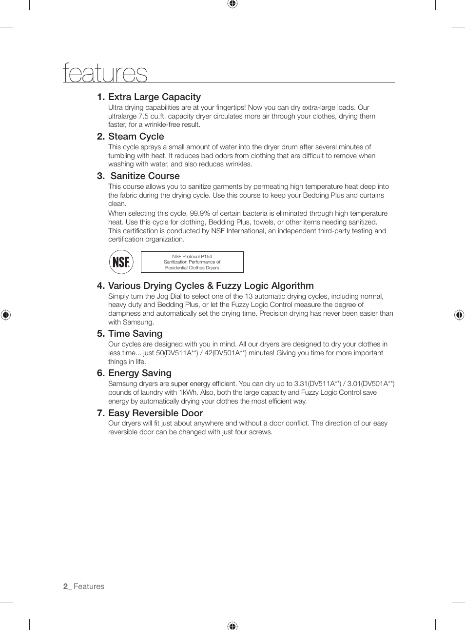 Features | Samsung DV501AGW-XAA User Manual | Page 2 / 88