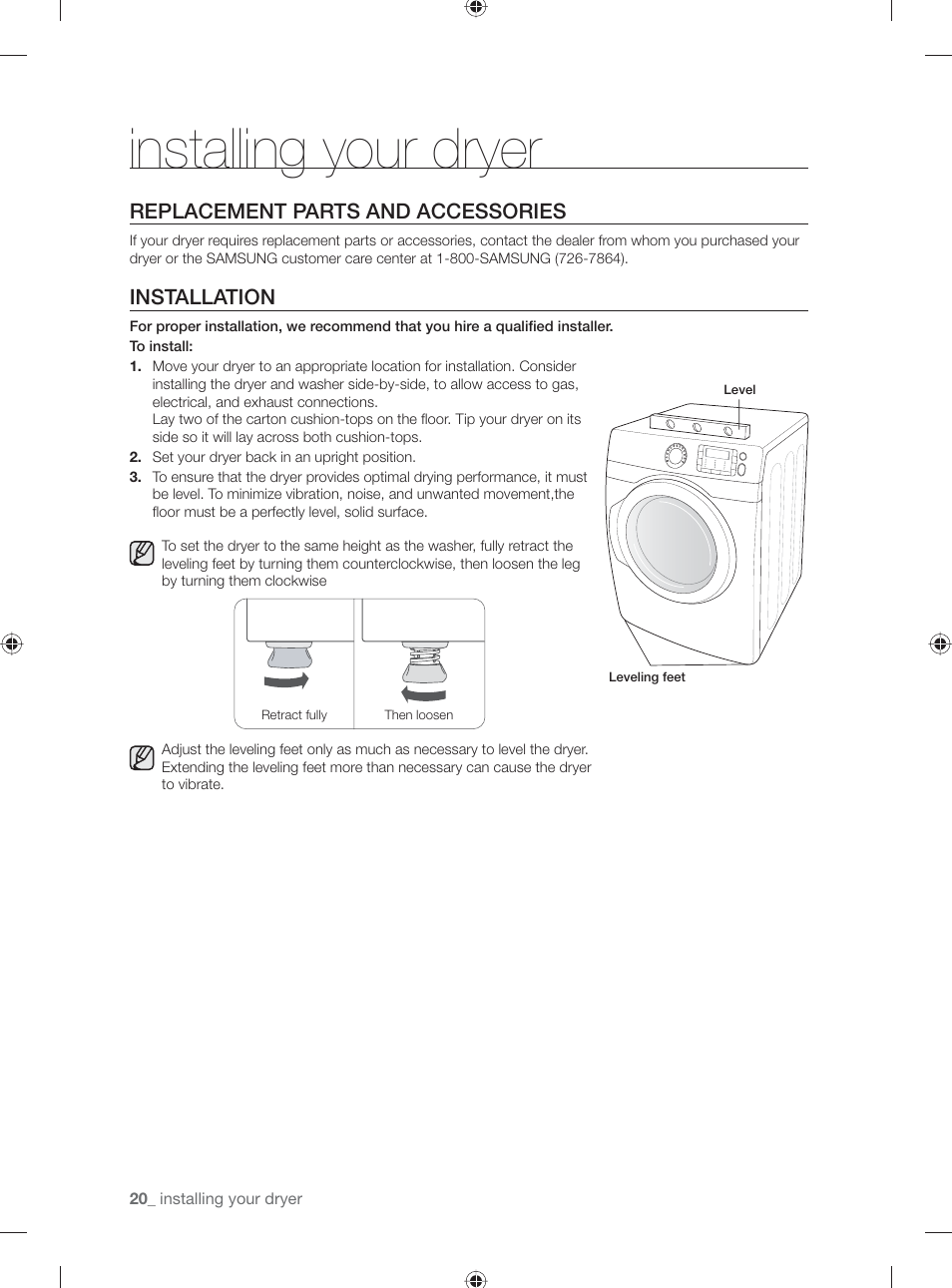 Installing your dryer, Replacement parts and accessories, Installation | Samsung DV501AGW-XAA User Manual | Page 20 / 88