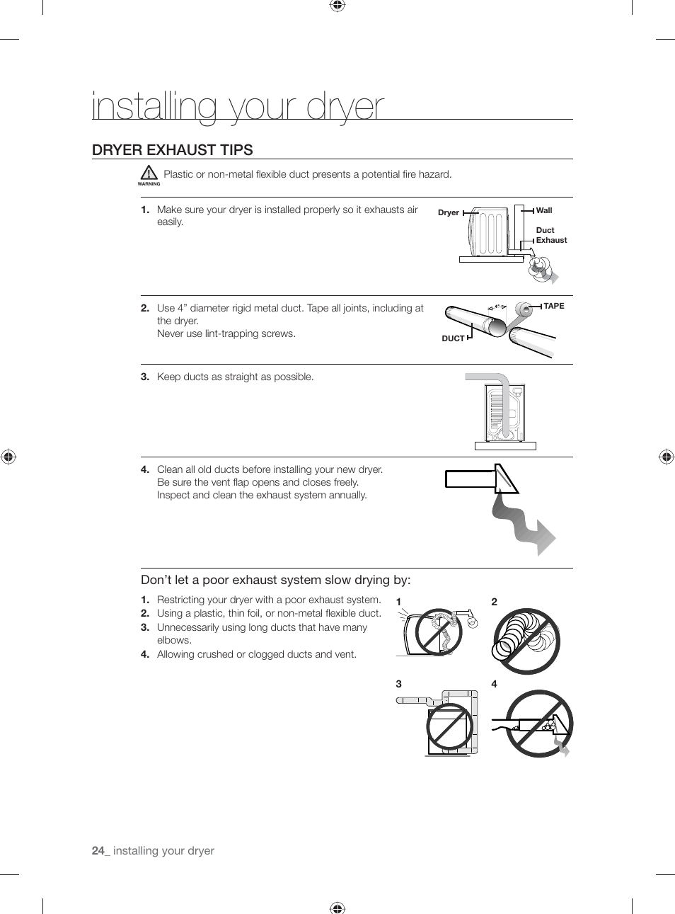 Installing your dryer, Dryer exhaust tips | Samsung DV501AGW-XAA User Manual | Page 24 / 88