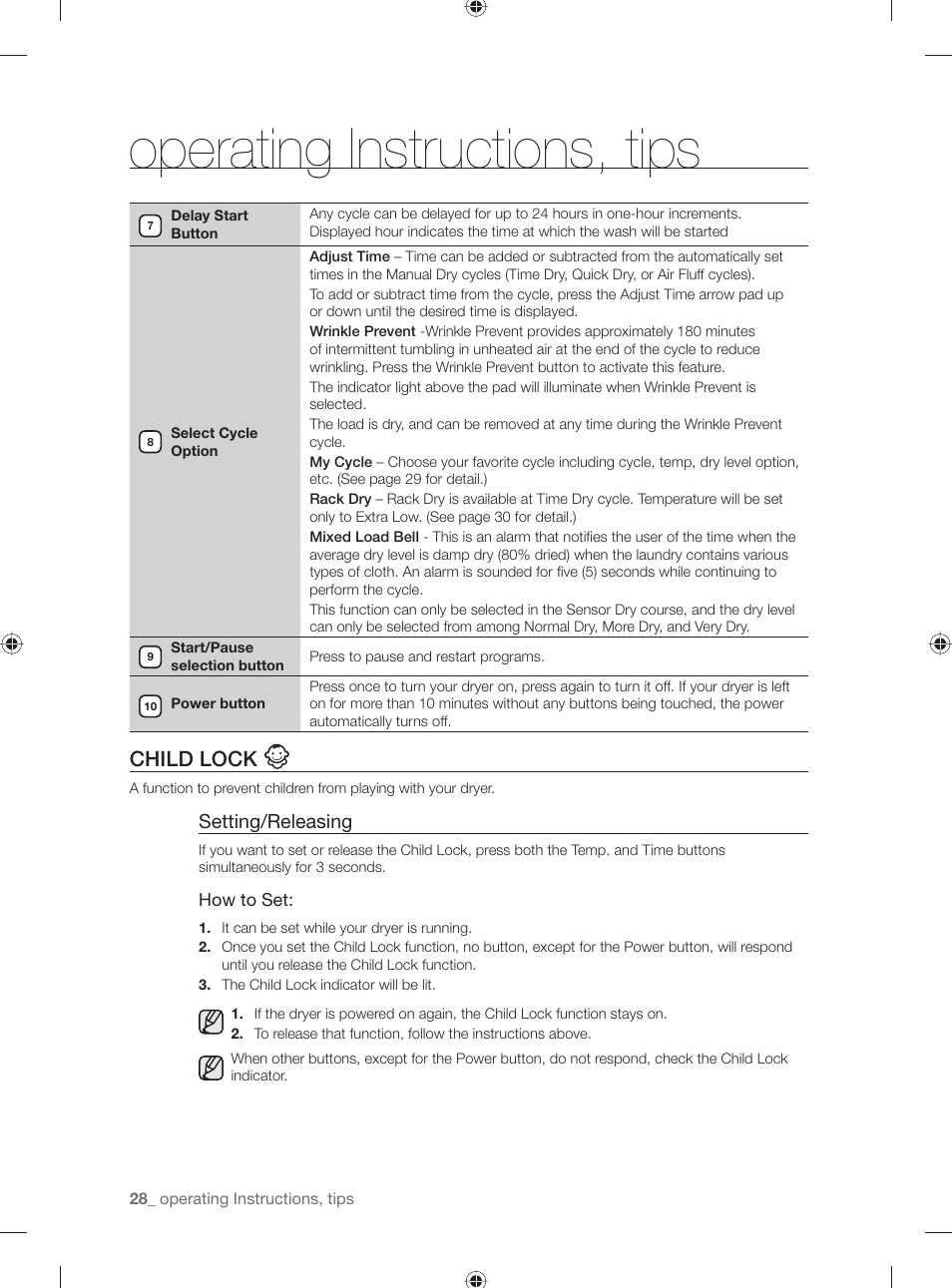 Operating instructions, tips, Child lock, Setting/releasing | Samsung DV501AGW-XAA User Manual | Page 28 / 88