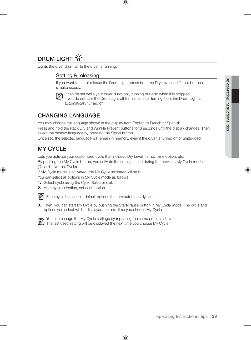 Drum light, Changing language, My cycle | Setting & releasing | Samsung DV501AGW-XAA User Manual | Page 29 / 88