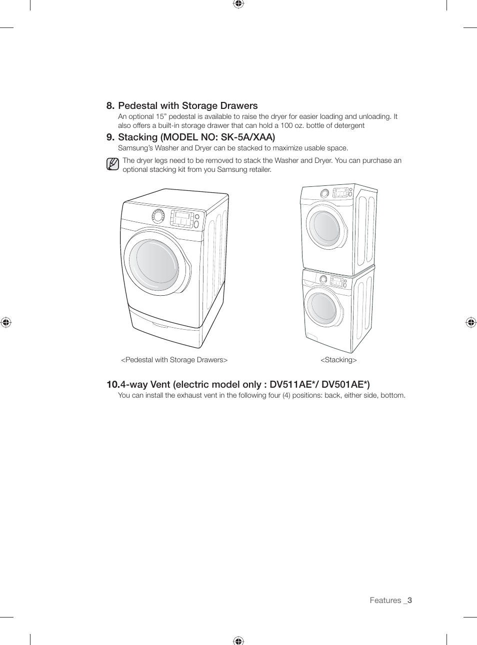 Pedestal with storage drawers, Stacking (model no: sk-5a/xaa) | Samsung DV501AGW-XAA User Manual | Page 3 / 88