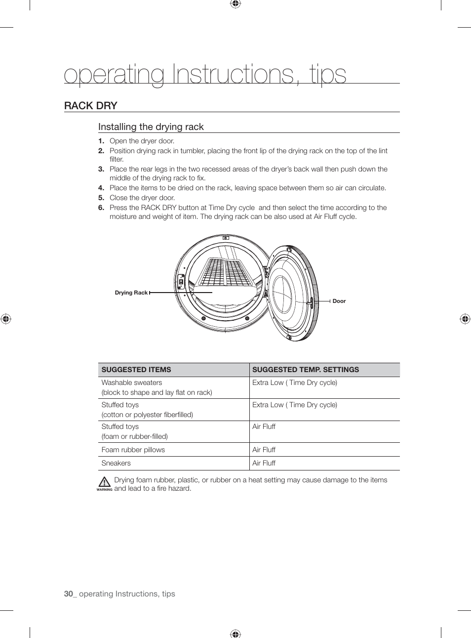 Operating instructions, tips, Rack dry, Installing the drying rack | Samsung DV501AGW-XAA User Manual | Page 30 / 88