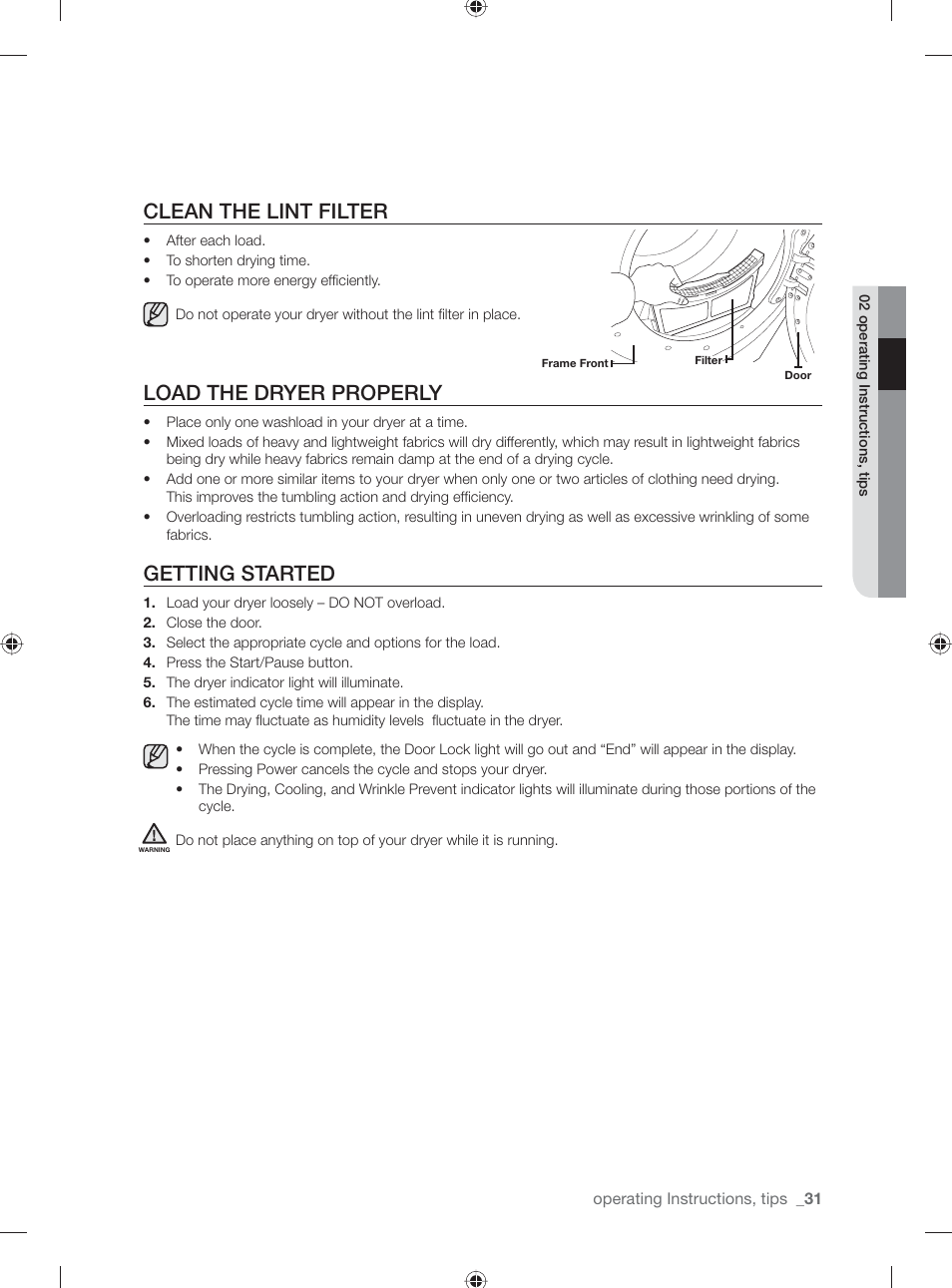 Clean the lint filter, Load the dryer properly, Getting started | Samsung DV501AGW-XAA User Manual | Page 31 / 88