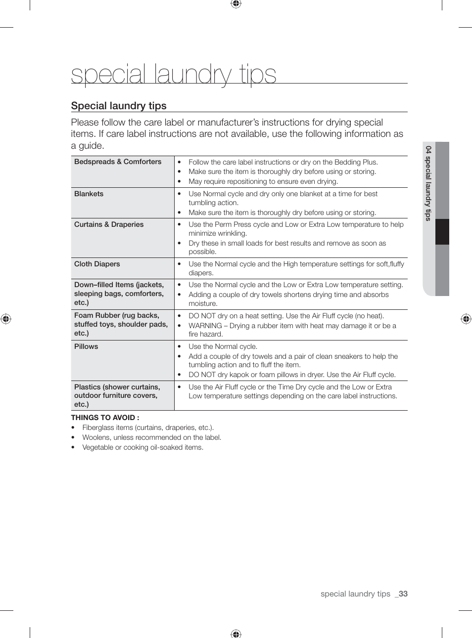 Special laundry tips | Samsung DV501AGW-XAA User Manual | Page 33 / 88