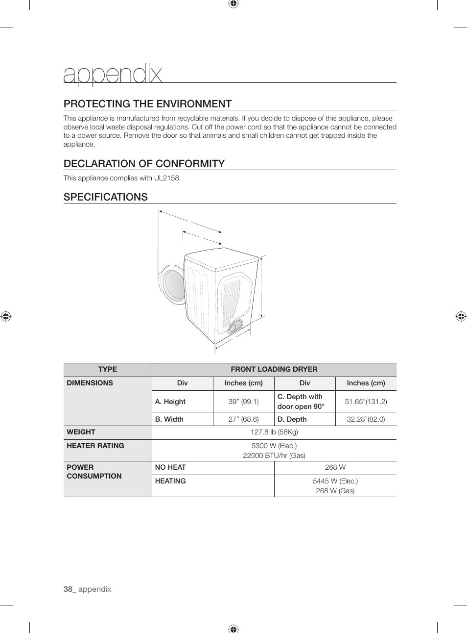 Appendix, Protecting the environment, Declaration of conformity | Specifications | Samsung DV501AGW-XAA User Manual | Page 38 / 88