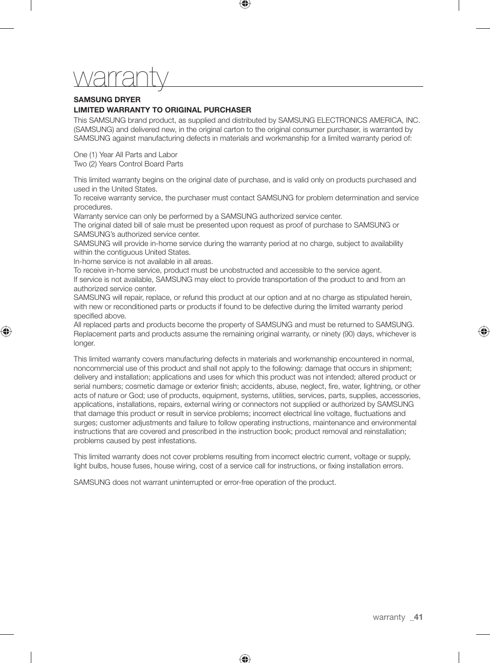 Warranty | Samsung DV501AGW-XAA User Manual | Page 41 / 88