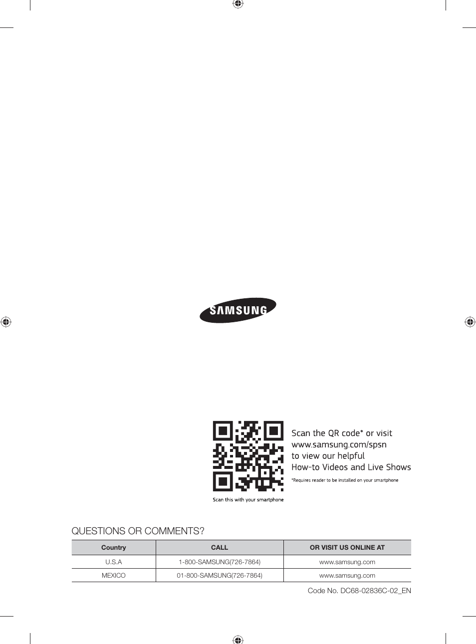 Questions or comments | Samsung DV501AGW-XAA User Manual | Page 44 / 88