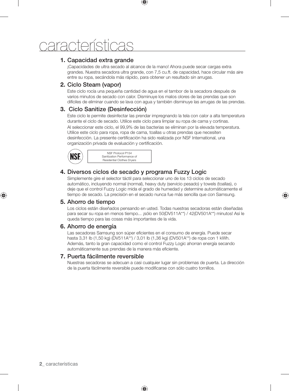 Características | Samsung DV501AGW-XAA User Manual | Page 46 / 88