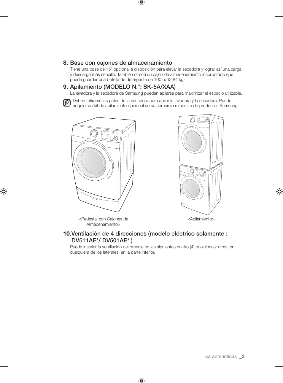 Base con cajones de almacenamiento, Apilamiento (modelo n.°: sk-5a/xaa) | Samsung DV501AGW-XAA User Manual | Page 47 / 88
