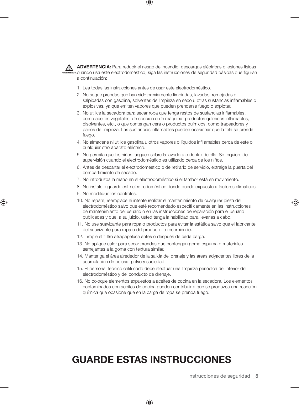 Guarde estas instrucciones | Samsung DV501AGW-XAA User Manual | Page 49 / 88