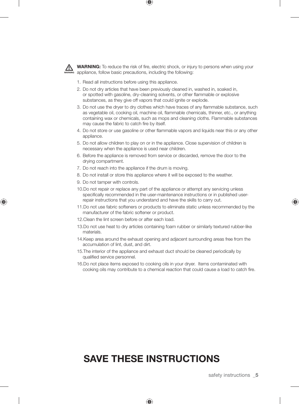 Save these instructions | Samsung DV501AGW-XAA User Manual | Page 5 / 88