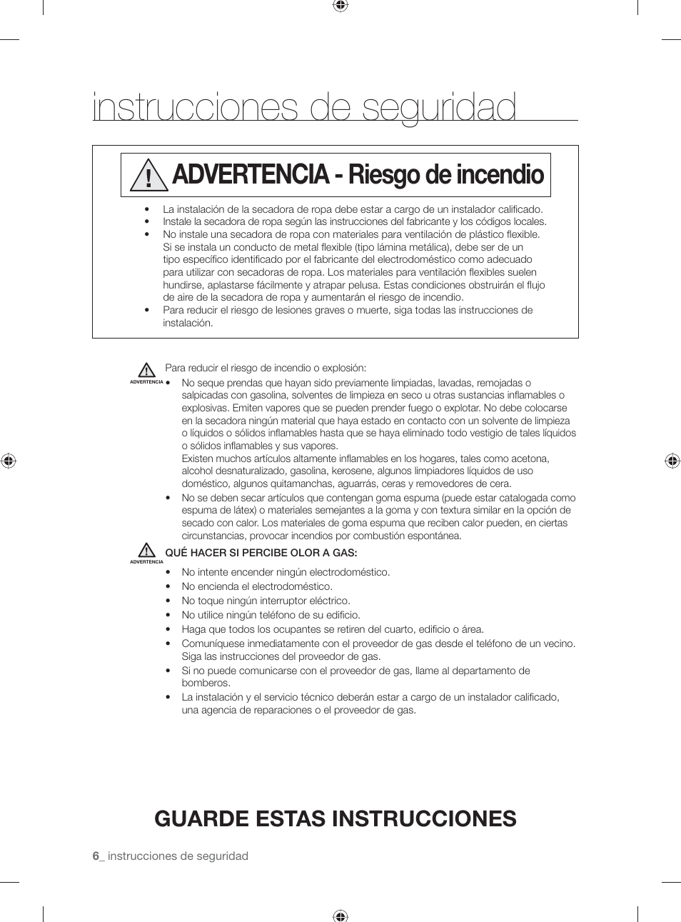 Instrucciones de seguridad, Advertencia - riesgo de incendio, Guarde estas instrucciones | Samsung DV501AGW-XAA User Manual | Page 50 / 88