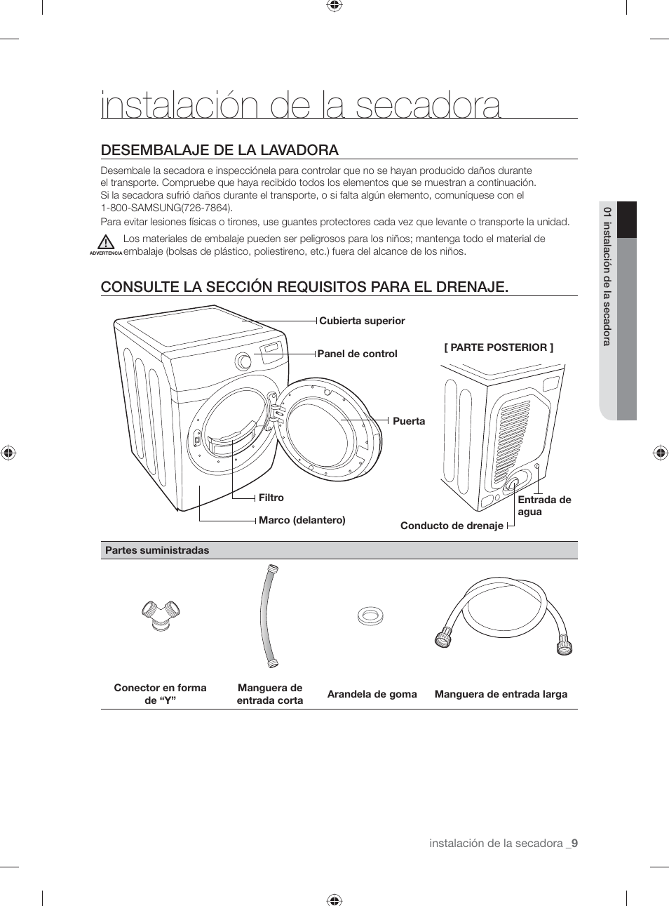 Instalación de la secadora, Desembalaje de la lavadora, Consulte la sección requisitos para el drenaje | Samsung DV501AGW-XAA User Manual | Page 53 / 88