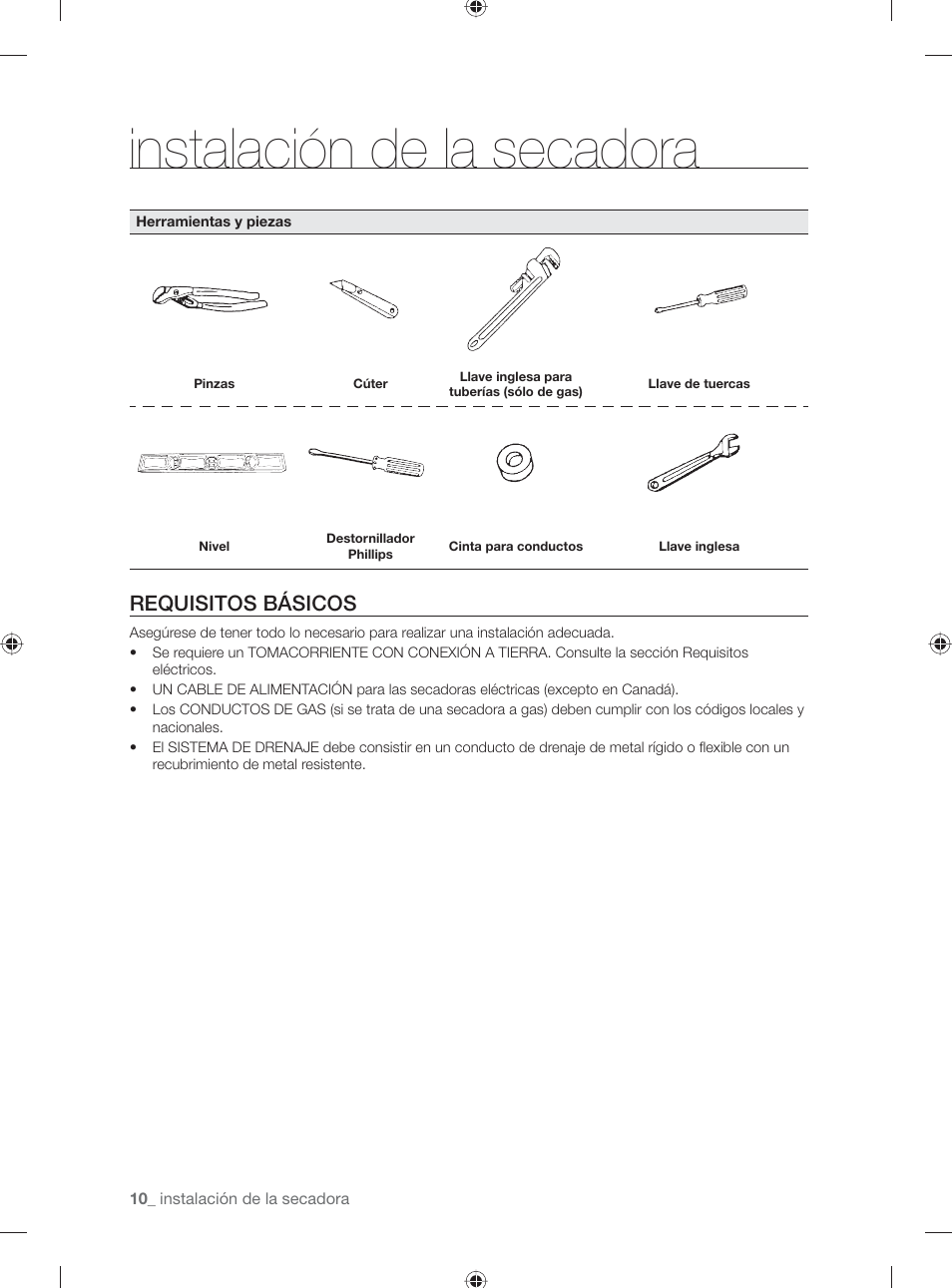 Instalación de la secadora, Requisitos básicos | Samsung DV501AGW-XAA User Manual | Page 54 / 88