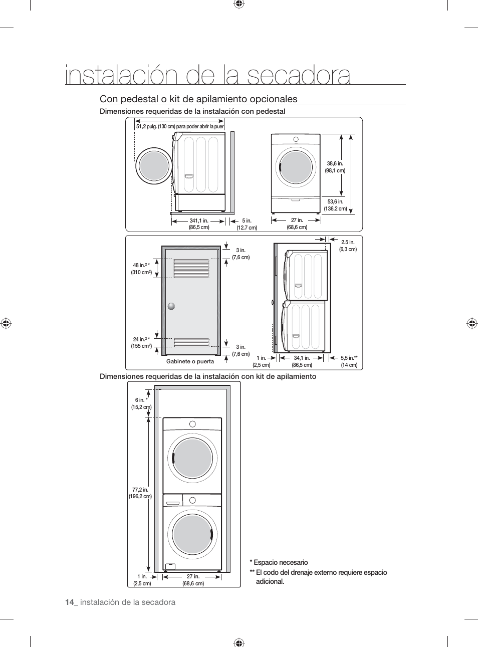Instalación de la secadora, Con pedestal o kit de apilamiento opcionales | Samsung DV501AGW-XAA User Manual | Page 58 / 88