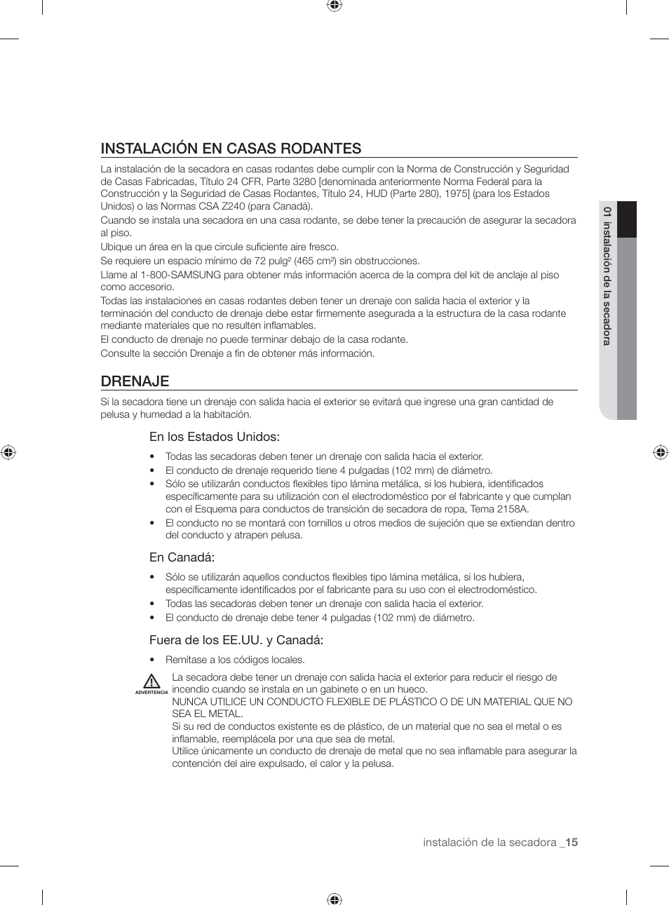 Instalación en casas rodantes, Drenaje | Samsung DV501AGW-XAA User Manual | Page 59 / 88