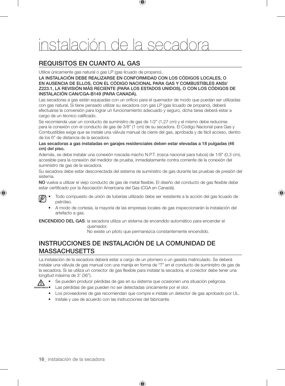 Instalación de la secadora, Requisitos en cuanto al gas | Samsung DV501AGW-XAA User Manual | Page 60 / 88