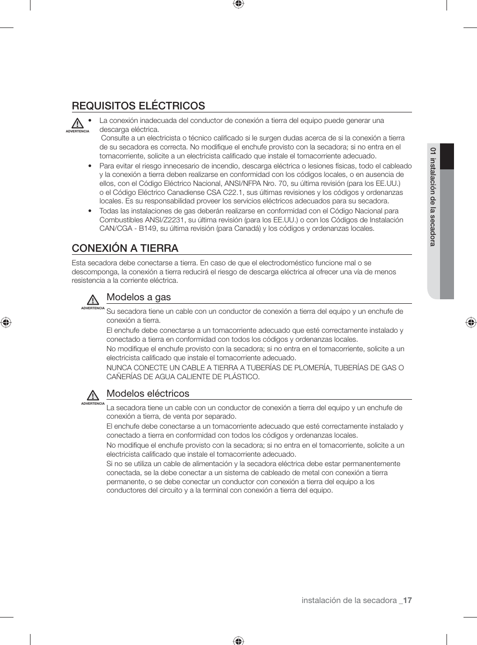Requisitos eléctricos, Conexión a tierra, Modelos a gas | Modelos eléctricos | Samsung DV501AGW-XAA User Manual | Page 61 / 88