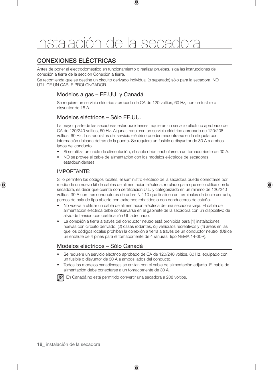 Instalación de la secadora, Conexiones eléctricas | Samsung DV501AGW-XAA User Manual | Page 62 / 88