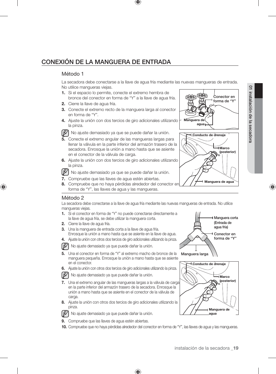 Conexión de la manguera de entrada, Método 1, Método 2 | Samsung DV501AGW-XAA User Manual | Page 63 / 88