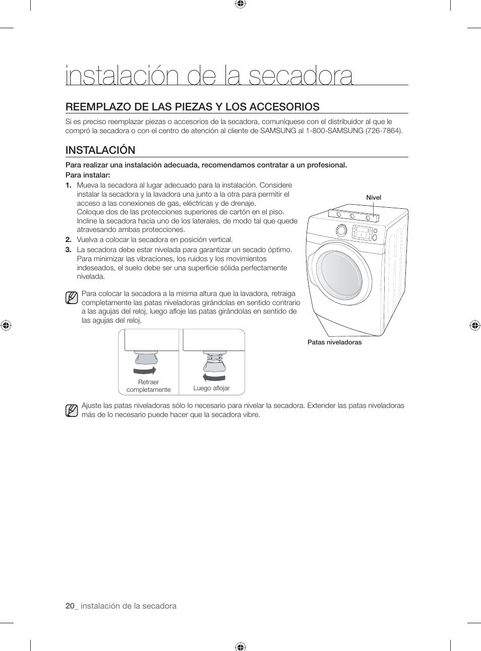 Instalación de la secadora, Reemplazo de las piezas y los accesorios, Instalación | Samsung DV501AGW-XAA User Manual | Page 64 / 88