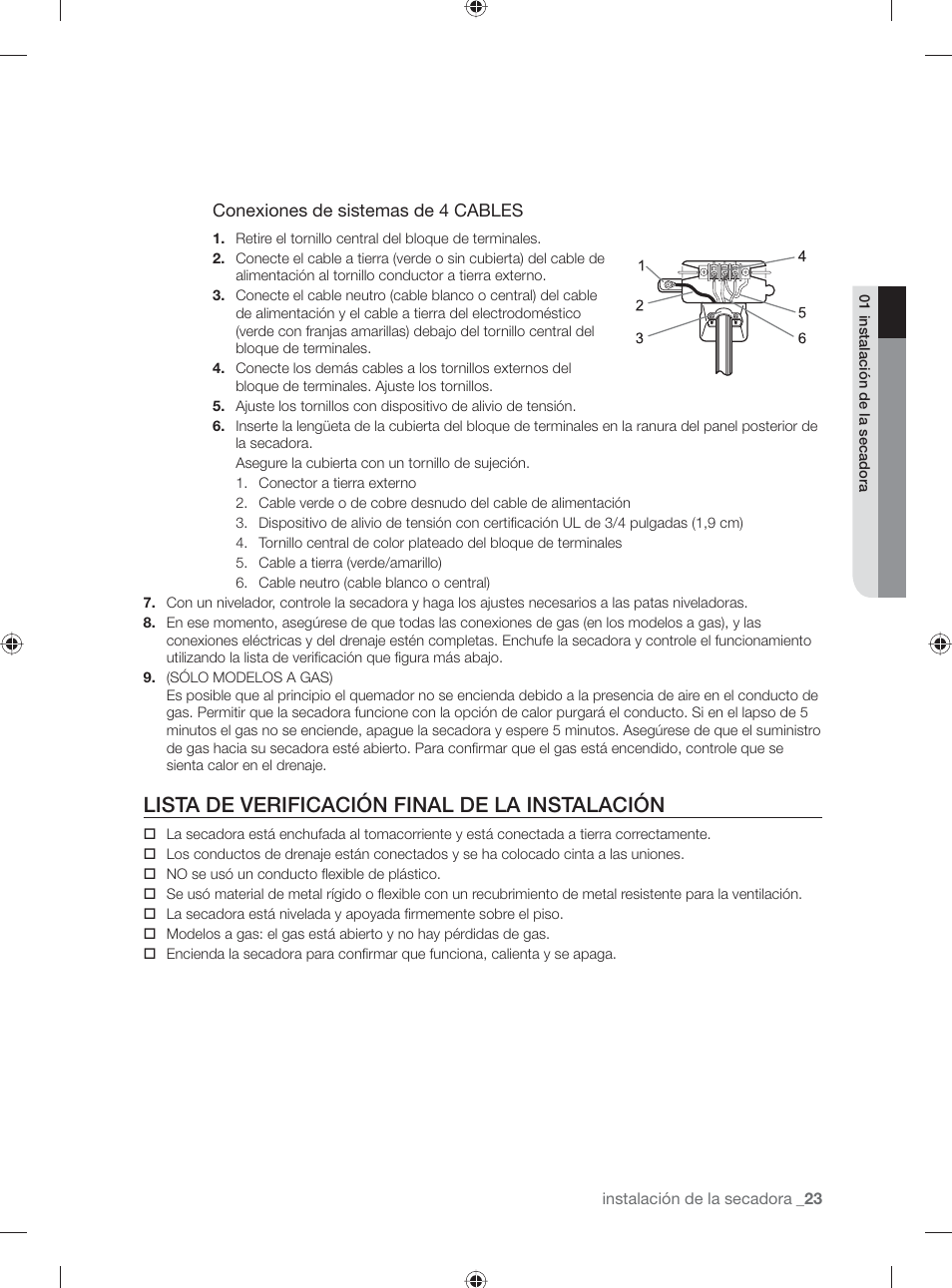 Lista de verificación final de la instalación | Samsung DV501AGW-XAA User Manual | Page 67 / 88