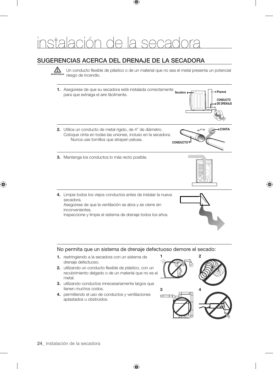 Instalación de la secadora, Sugerencias acerca del drenaje de la secadora | Samsung DV501AGW-XAA User Manual | Page 68 / 88