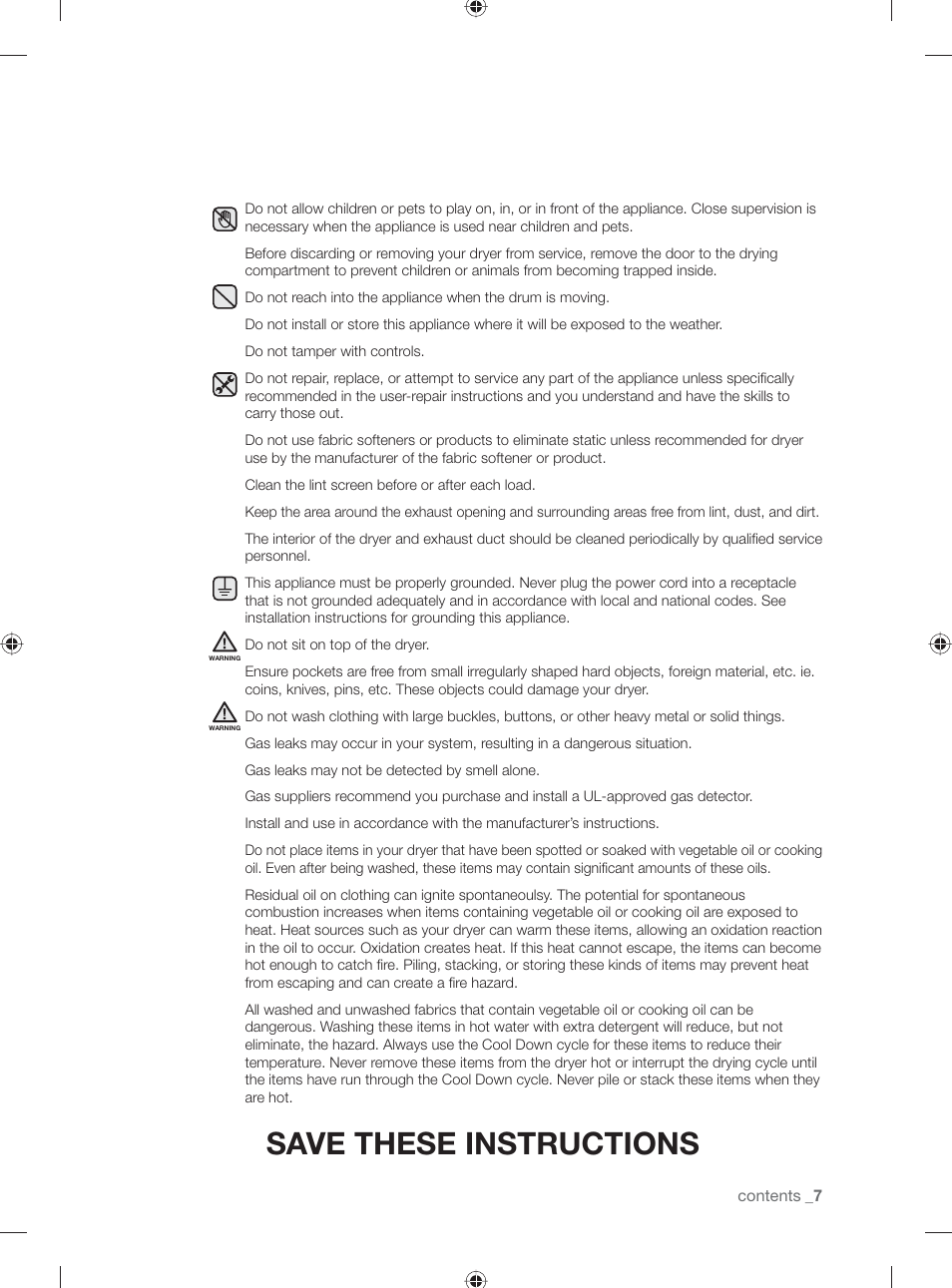 Save these instructions | Samsung DV501AGW-XAA User Manual | Page 7 / 88