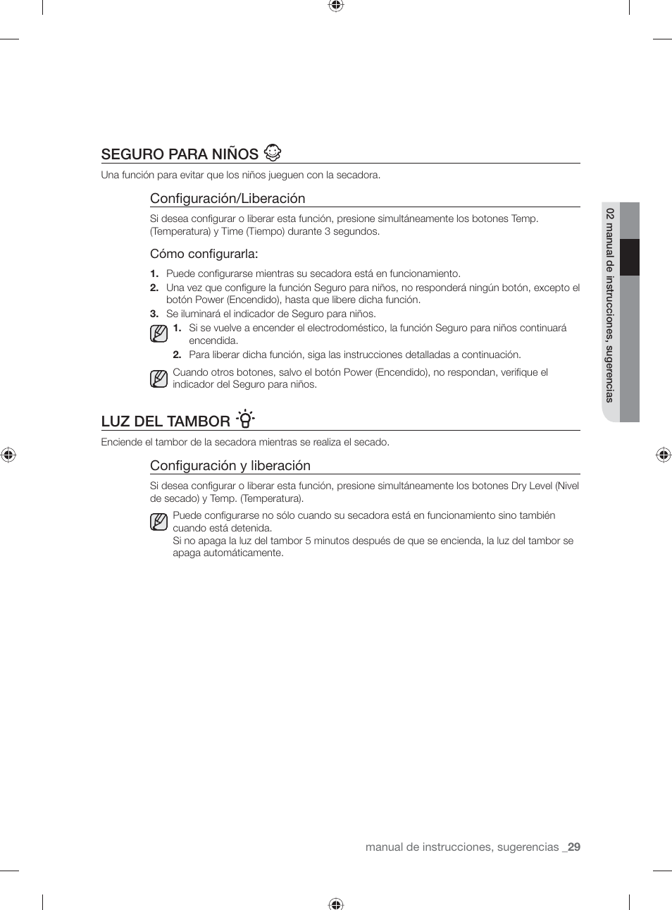 Seguro para niños, Luz del tambor, Confi guración/liberación | Confi guración y liberación | Samsung DV501AGW-XAA User Manual | Page 73 / 88