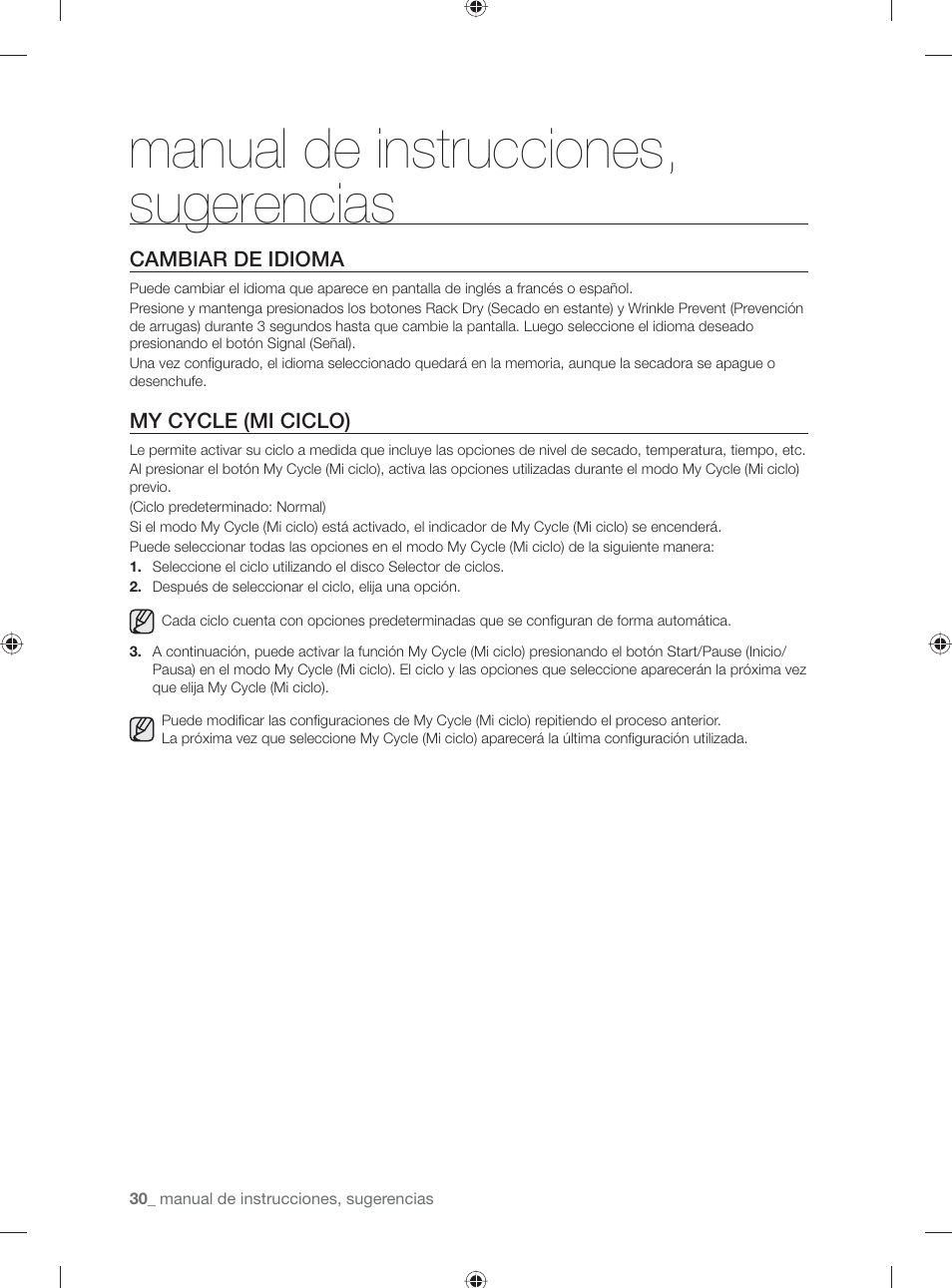 Manual de instrucciones, sugerencias, Cambiar de idioma, My cycle (mi ciclo) | Samsung DV501AGW-XAA User Manual | Page 74 / 88