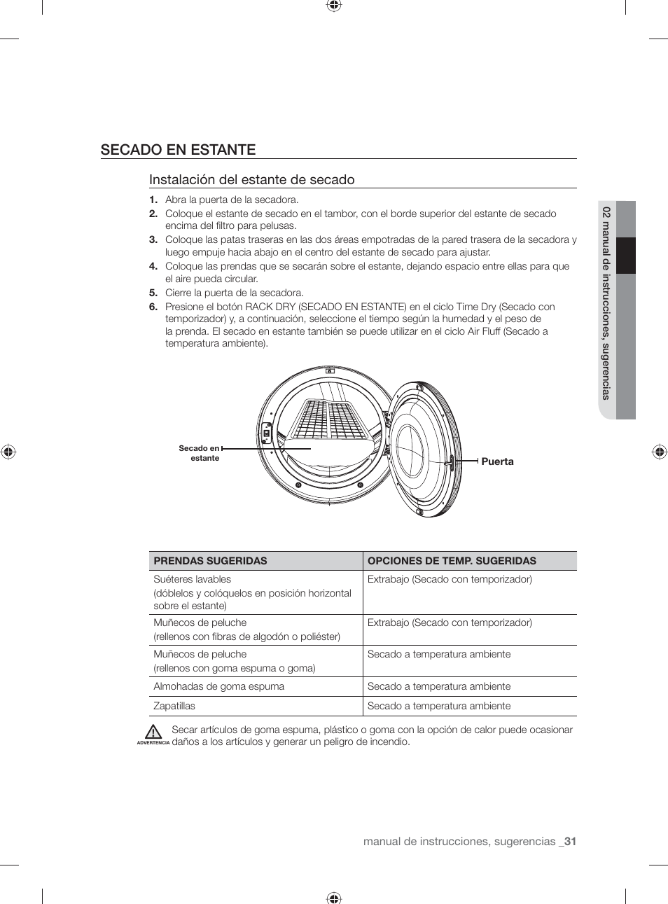 Secado en estante, Instalación del estante de secado | Samsung DV501AGW-XAA User Manual | Page 75 / 88