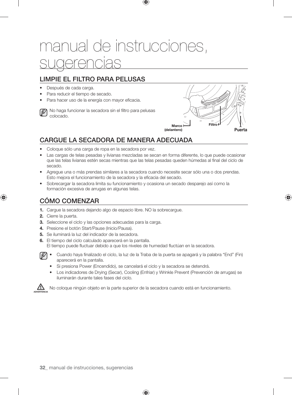 Manual de instrucciones, sugerencias, Limpie el filtro para pelusas, Cargue la secadora de manera adecuada | Cómo comenzar | Samsung DV501AGW-XAA User Manual | Page 76 / 88