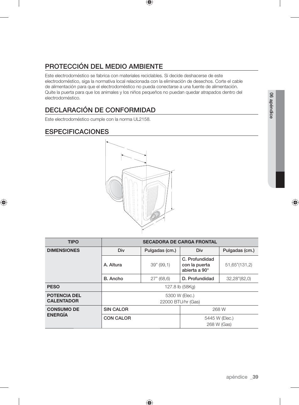 Protección del medio ambiente, Declaración de conformidad, Especificaciones | Samsung DV501AGW-XAA User Manual | Page 83 / 88