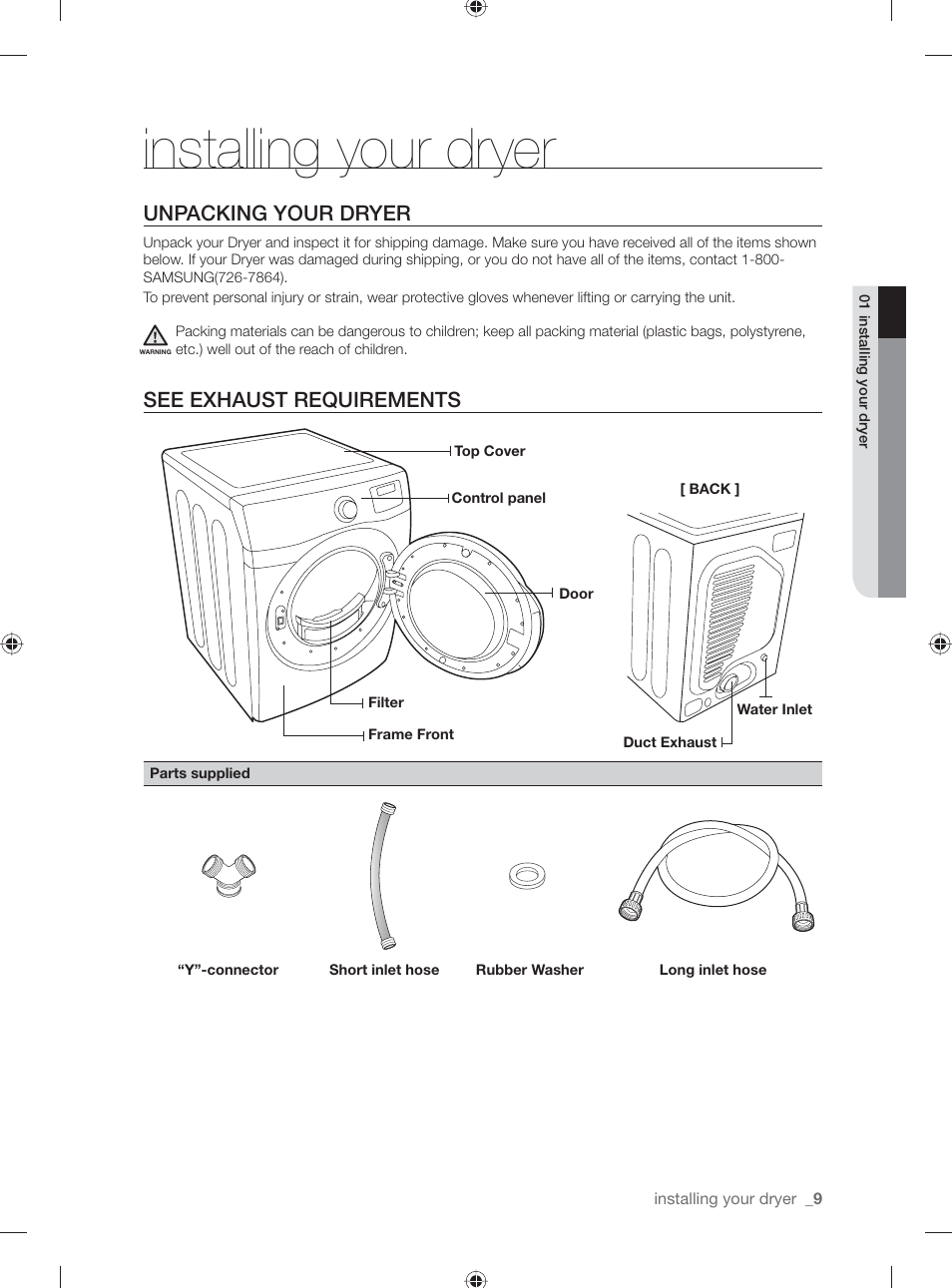 Installing your dryer, Unpacking your dryer, See exhaust requirements | Samsung DV501AGW-XAA User Manual | Page 9 / 88