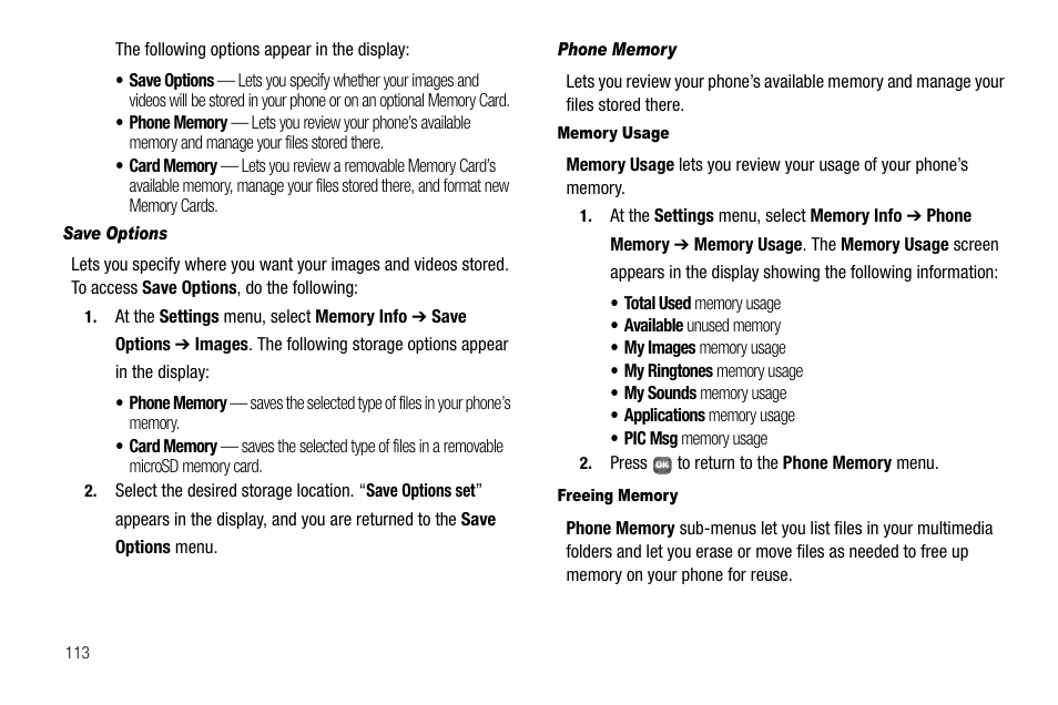 Save options, Phone memory, Memory usage | Freeing memory | Samsung SCH-R450ZKACRI User Manual | Page 116 / 150