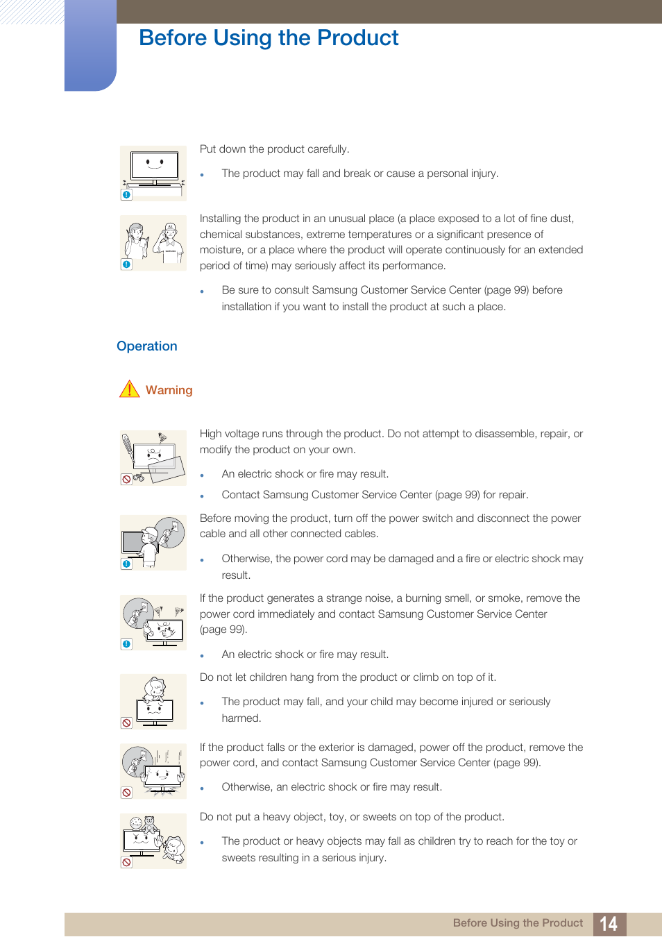 Operation, Before using the product, Warning | Samsung LS27D85KTSR-ZA User Manual | Page 14 / 110