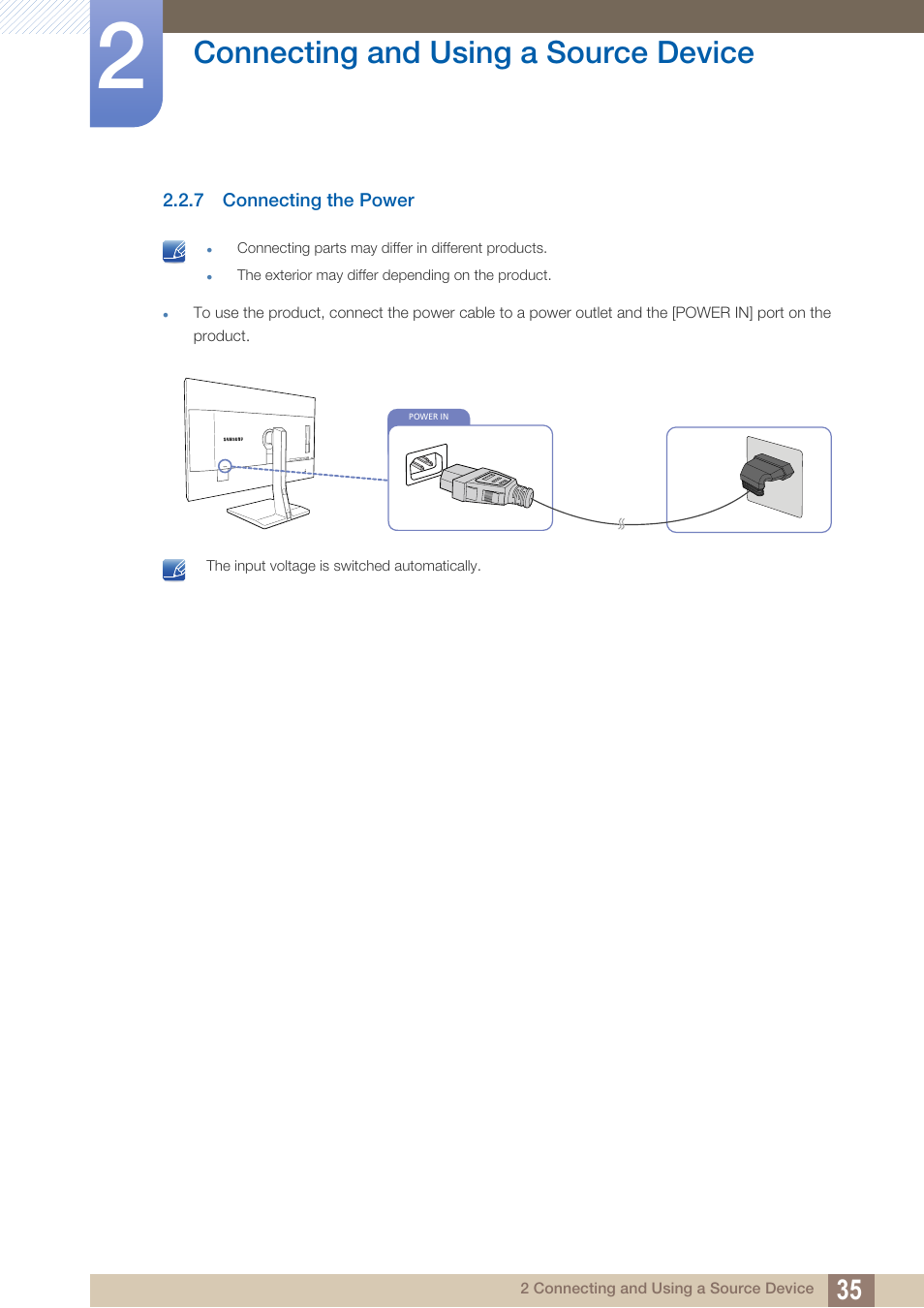 7 connecting the power, Connecting the power, Connecting and using a source device | Samsung LS27D85KTSR-ZA User Manual | Page 35 / 110