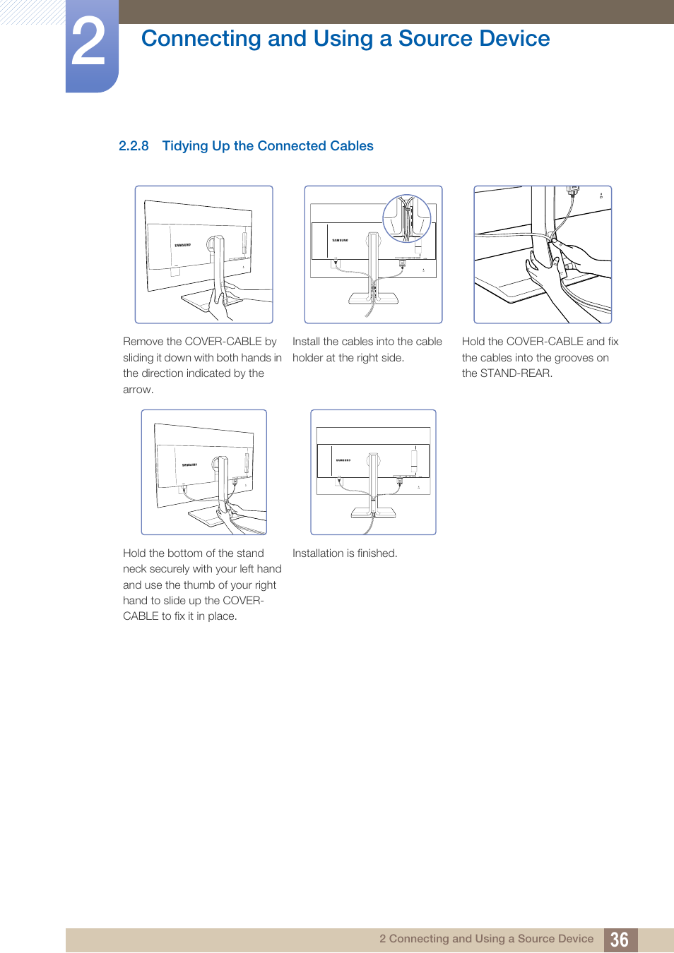 8 tidying up the connected cables, Tidying up the connected cables, Connecting and using a source device | Samsung LS27D85KTSR-ZA User Manual | Page 36 / 110