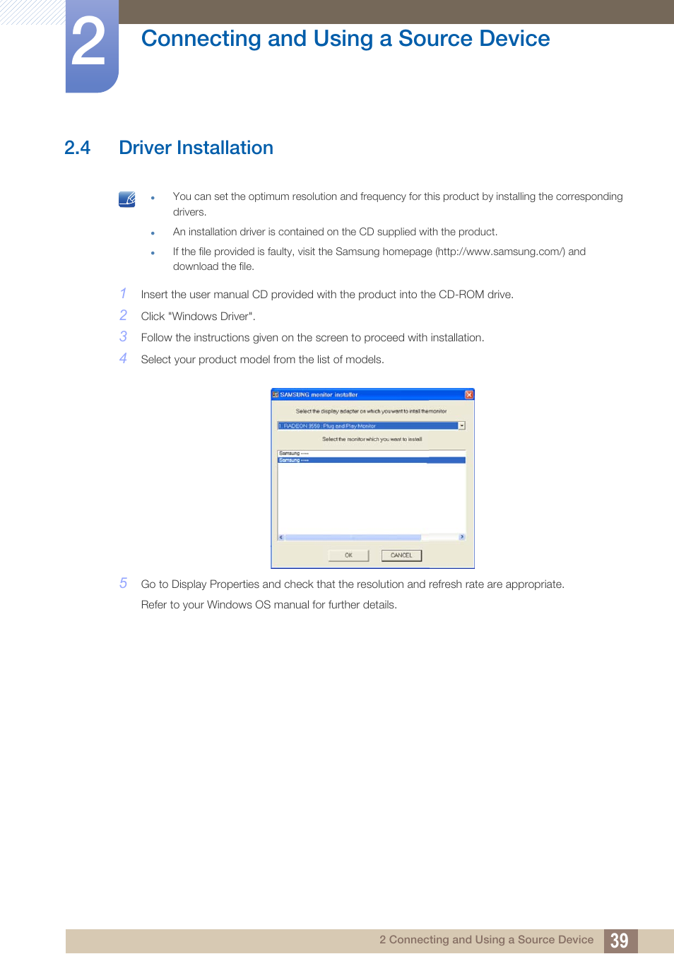 4 driver installation, Driver installation, Connecting and using a source device | Samsung LS27D85KTSR-ZA User Manual | Page 39 / 110