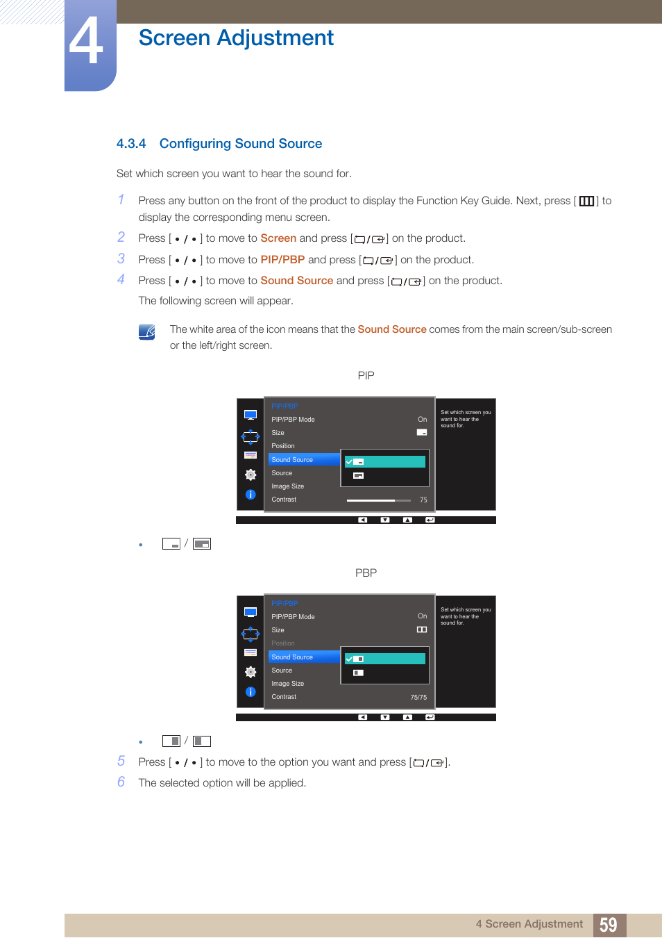 4 configuring sound source, Configuring sound source, Screen adjustment | Samsung LS27D85KTSR-ZA User Manual | Page 59 / 110