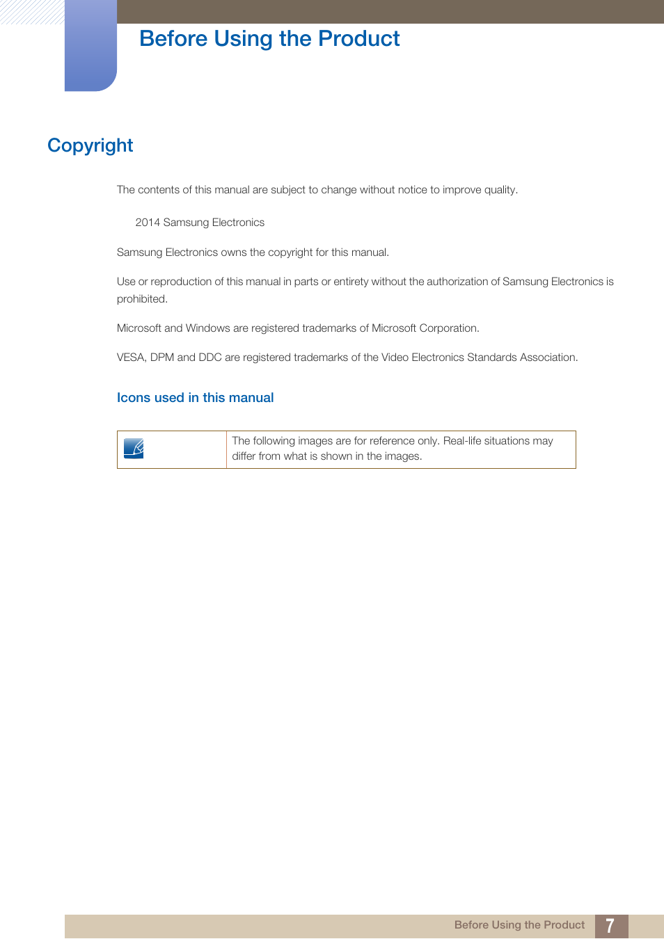 Before using the product, Copyright, Icons used in this manual | Before using the, Product | Samsung LS27D85KTSR-ZA User Manual | Page 7 / 110